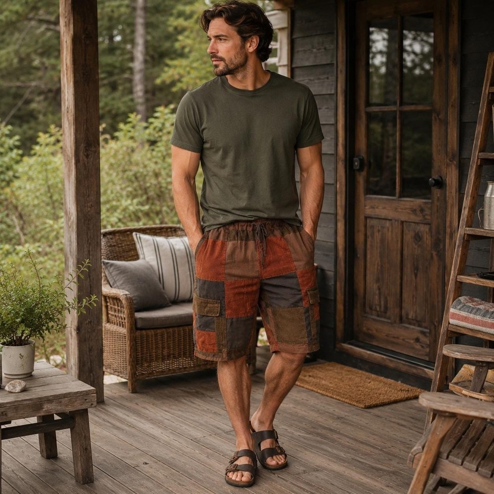 Ixchel Patchwork Shorts Mens M Brown Cotton Vintage Boho Festival Cargo